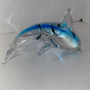 Dolphin Hand blown paper weight art glass jumping figurine sparkled blue